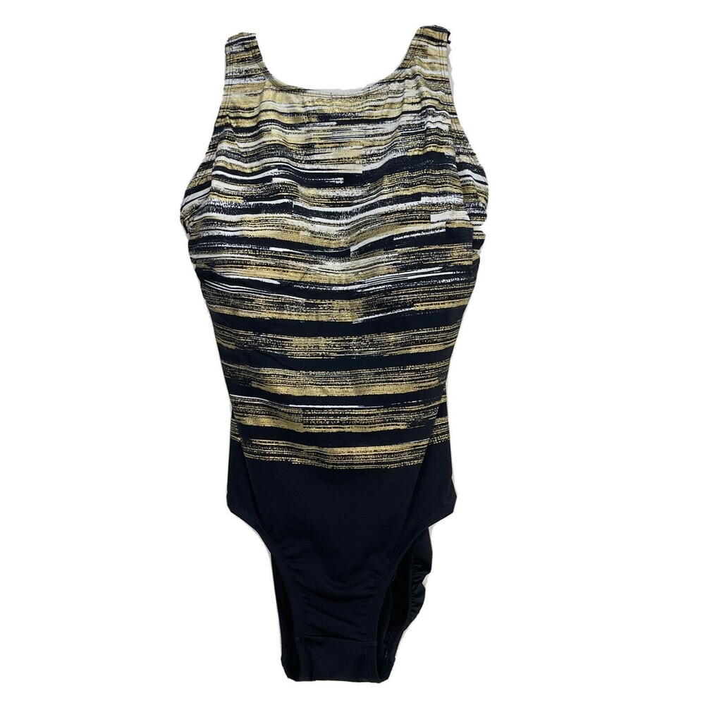 Longitude Inches Away Womens Swimsuit Sz 10 Slimming Metallic Stripe Lon…